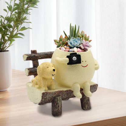 Tuenmofun Cute Funny Resin Bench Smiley Face Plant Pot Unique Head Succulent Planter for Indoor & Outdoor Flower