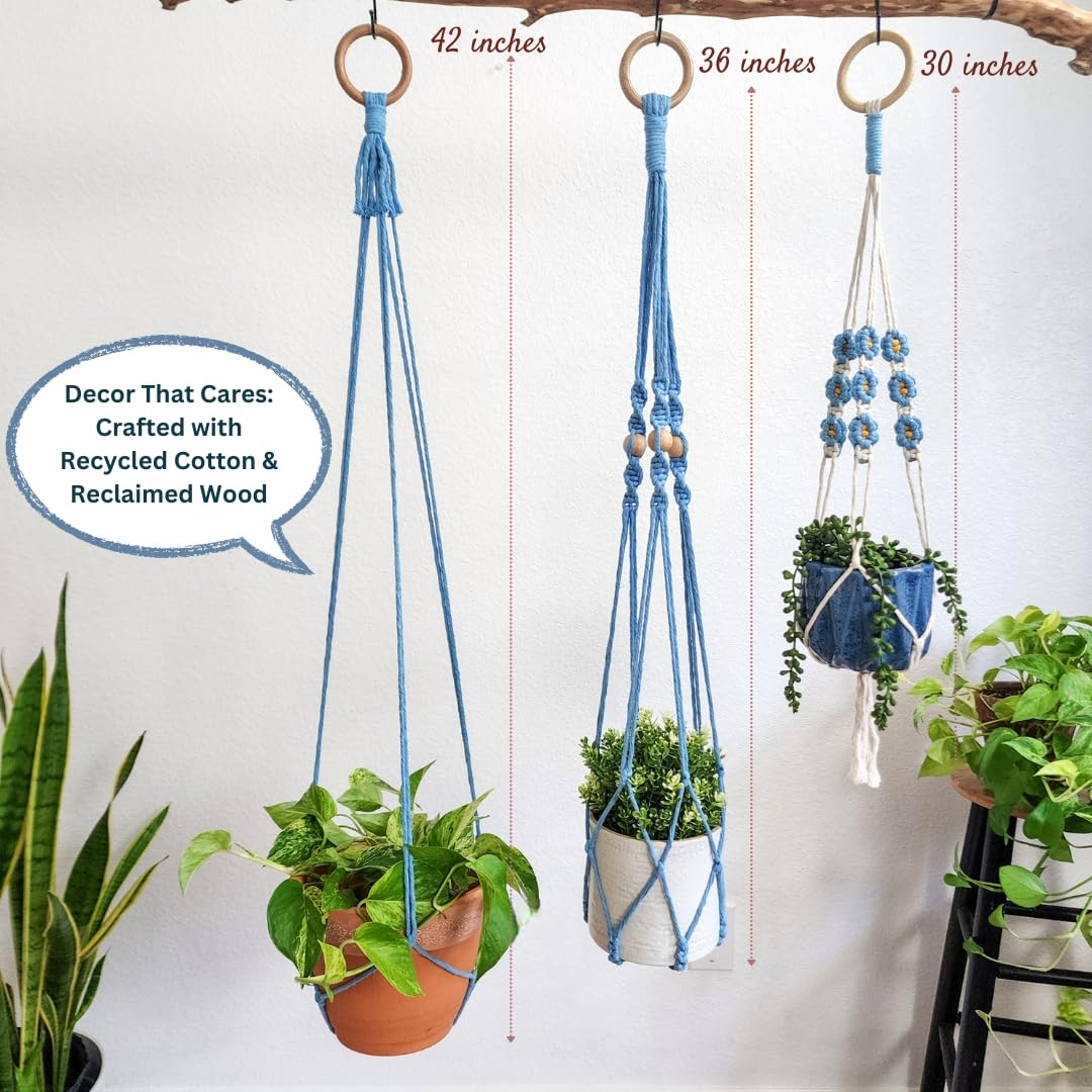 Set of 3 Macrame plant hangers with Daisies & Beads Hanging plant holder Macrame Plant hangers outdoor and indoor hanging planters Plant stand indoor Boho Decor hanging planter stand (Cloudy Day)