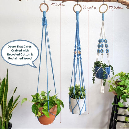 Set of 3 Macrame plant hangers with Daisies & Beads Hanging plant holder Macrame Plant hangers outdoor and indoor hanging planters Plant stand indoor Boho Decor hanging planter stand (Cloudy Day)
