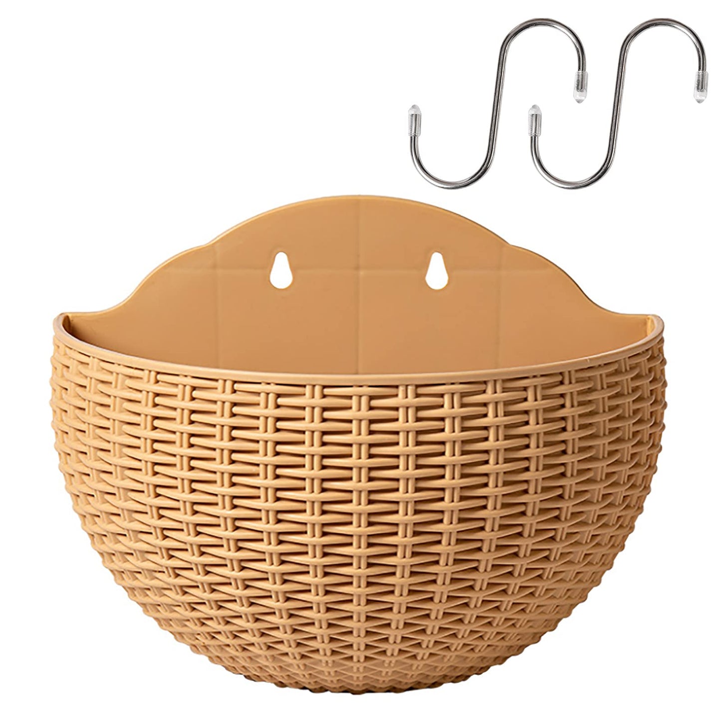 Hanging Planter Pot, Wall and Railing Hanging Planters with S Hooks, Half Round Imitation Rattan European Style Wall Flowerpot Rustic Decorative Flower Basket for Home Balcony(#2pcs 26 * 20cm Khaki)