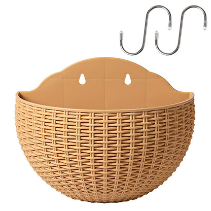 Hanging Planter Pot, Wall and Railing Hanging Planters with S Hooks, Half Round Imitation Rattan European Style Wall Flowerpot Rustic Decorative Flower Basket for Home Balcony(#2pcs 26 * 20cm Khaki)