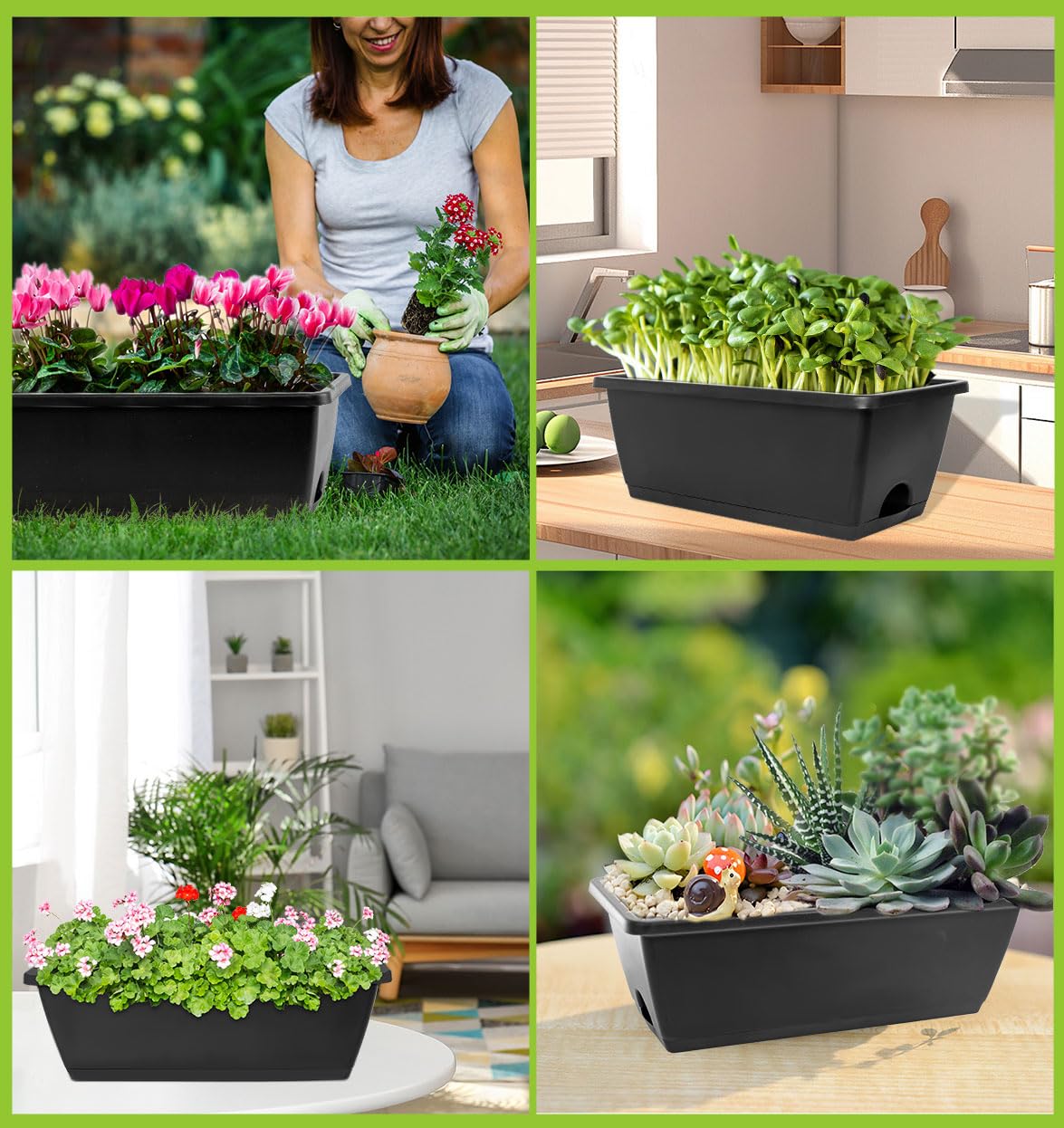 LOCONHA Window Box Planter, Plastic Vegetable Flower Planters Boxes 17 Inches Rectangular Flower Pots with Saucers for Indoor Outdoor Garden, Patio, Home Decor (7, Dark Grey)