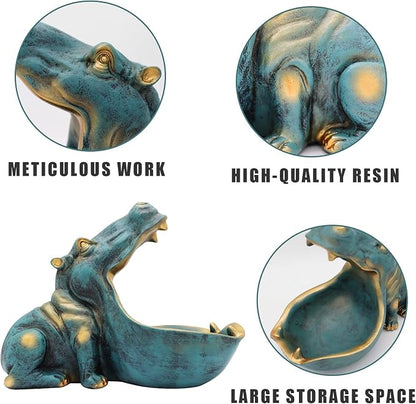 aboxoo Hippo Statue,Large Hippopotamus Figurine Home Sculpture with Resin, Hippo Candy Jar, Candy Dish Bowl for Office Desk, Key Bowl for Entryway Table,Container Storage Art Decor Box(Dark Blue)