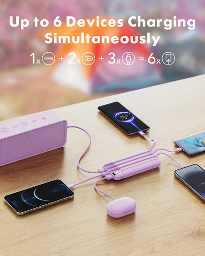 charmast Portable Charger with Built in Cables, Power Bank with Cords Wires, Slim 10000mAh Travel Battery Pack 6 Outputs 3 Inputs 3A Fast Charging for Samsung Google Pixel LG Moto iPhone iPad