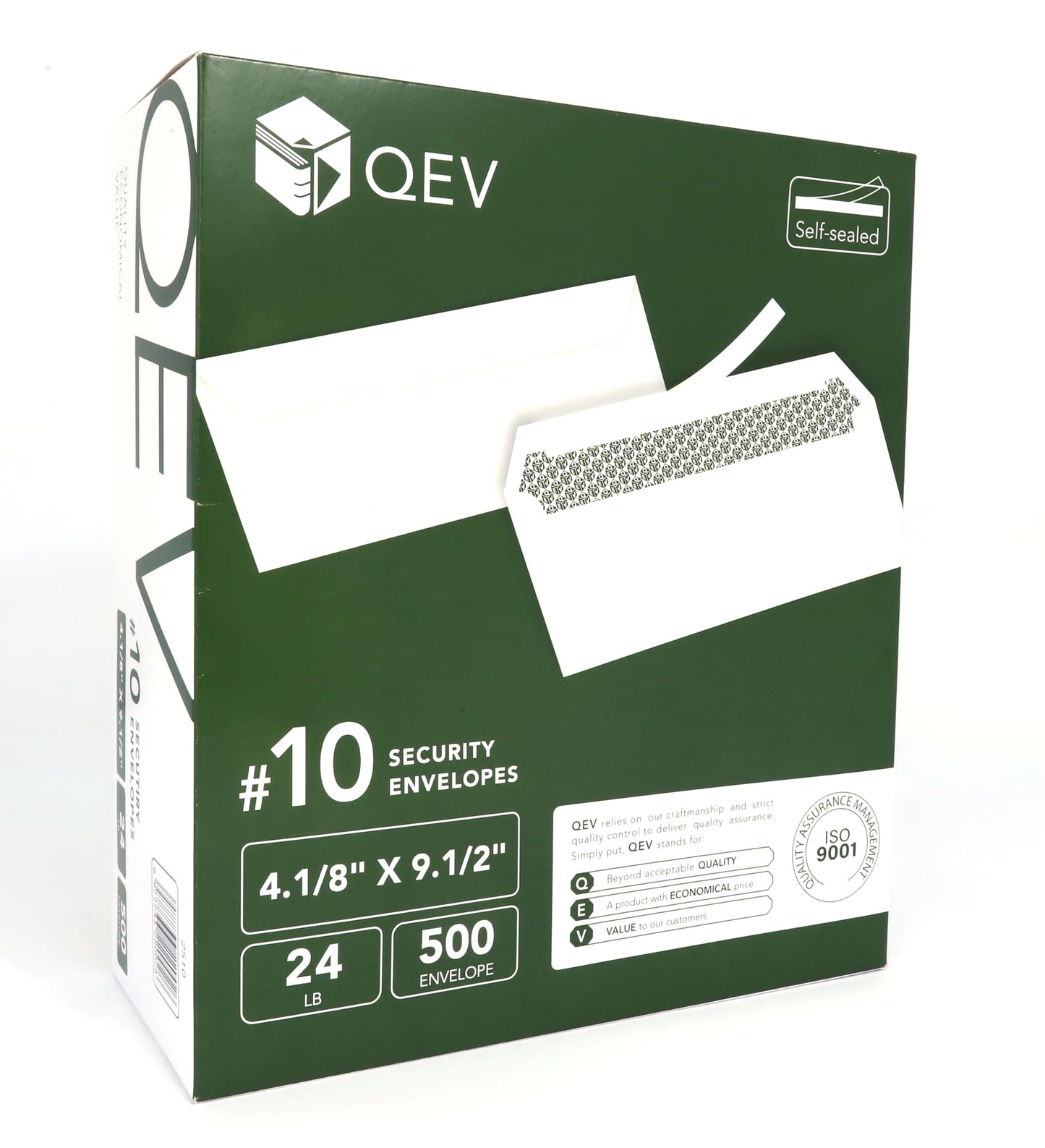 QEV No 10 Security Self Seal Envelopes 500ct, 24lb White Offset Paper, Security Tint Privacy Peel and Seal Windowless for Legal Letters, Invoices, Checks, Business Mail