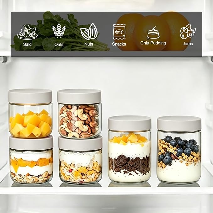 Overnight Oats Containers with Lids 6 Pack Heat-Resistant Borosilicate Glass jars with Airtight Lids, Wide mouth Mason jars 19oz Food Storage Jars for Meal Prep Oats Chia Pudding Yogurt Salads Snack
