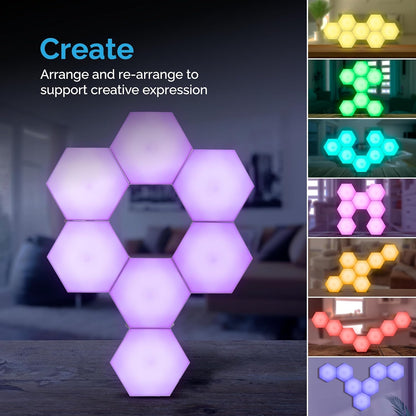 Emberela HEXlights Sensory Lights for Teens - 7pk Touch Hexagon Lights, Remote Controlled - Autism-Friendly Tap Tap Wall LED Panels for Sensory Room - Table Stand Included