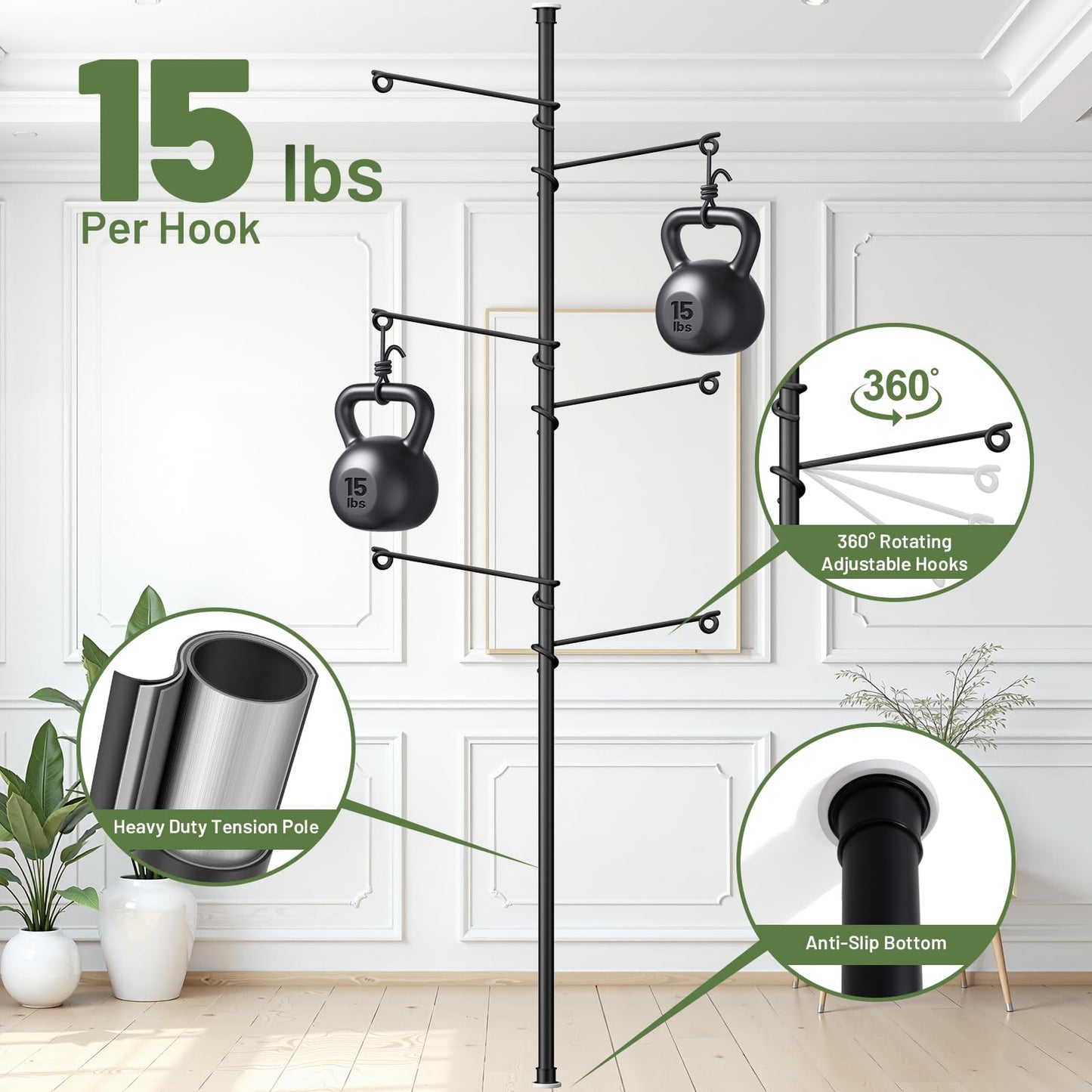 Zononoca Tension Rod Plant Stand, Plant Poles for Hanging Plants Indoor, Metal Floor to Ceiling Hanging Plants Stand, Tension Pole Plant Stand with 6 Hooks (Fit 3.6-10ft)