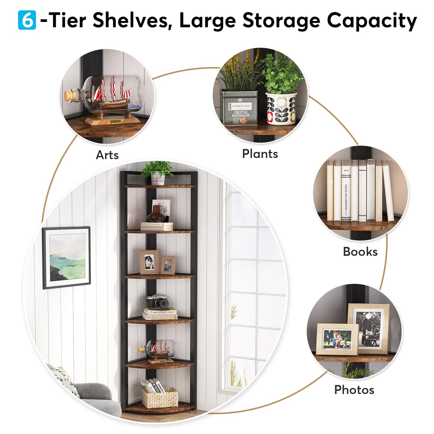 Tribesigns 6 Tier Corner Shelf, 70.9 Inch Tall Corner Bookshelf Small Bookcase Rustic Corner Shelving Unit Storage Rack for Living Room, Home Office, Kitchen, Small Space