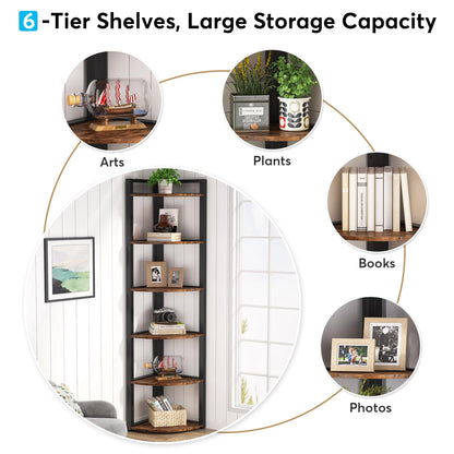Tribesigns 6 Tier Corner Shelf, 70.9 Inch Tall Corner Bookshelf Small Bookcase Rustic Corner Shelving Unit Storage Rack for Living Room, Home Office, Kitchen, Small Space