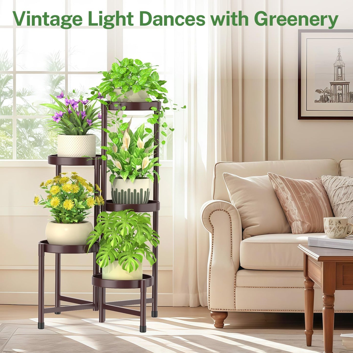 iDavosic.ly Plant Stand Indoor Outdoor, 5 Tier Corner Metal Flower Display Holder Shelf, Folding Tall Orchid Rack for Patio Balcony Porch Garden Living Room House, Violet Bronze