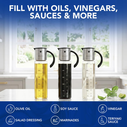 Large Glass Olive Oil Dispenser for Kitchen Cooking, Big 17oz Salad Dressing Container, Soy Sauce Bottle - Leakproof No Drip Stainless Steel Metal Pour Spout, Clear Measuring Markings, Dishwasher Safe