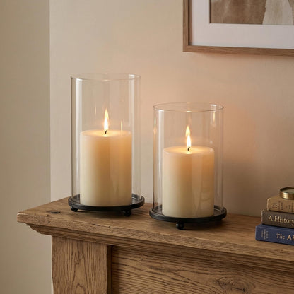 Hurricane Candle Holders Set of 2 - Pillar Candle Stands with Glass Sleeves for Fireplace Mantel & Dining Table Centerpiece Decor (Black)