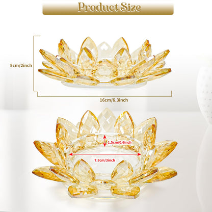 Large Crystal Lotus Tealight Candle Holder for Up to 6" Diameter Pillar Candle Plate Candlestick,Chunky Glass Votive Stand for Wedding, Party, Table Centerpiece Decor and Yoga Meditation (2, Gold)