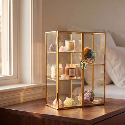 JUXYES 5 Grids Tabletop Brass Glass Rock Display Case with Latch Door - Modern Clear Rocks Collection Display Case Box - Gold Dust Proof Case Small Shelf for Collectible, Mineral Crystal, Rock, Stones