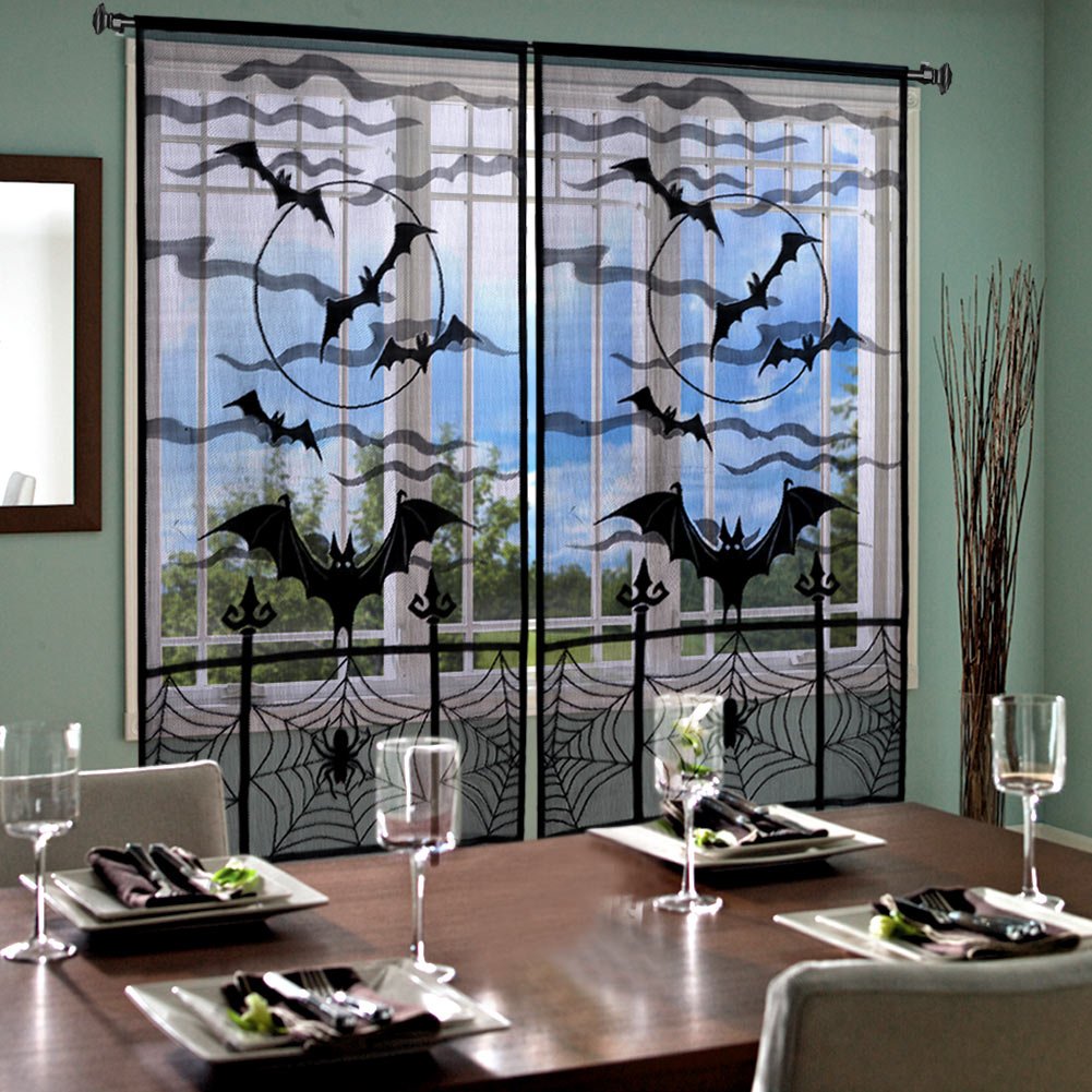 OurWarm 2Pcs Halloween Curtains 84 Inches Long, Spider Web Bats Halloween Black Lace Door Curtains, Halloween Kitchen Curtains, Halloween Curtains for Living Room Halloween Window Decor, 40 x 84 Inch