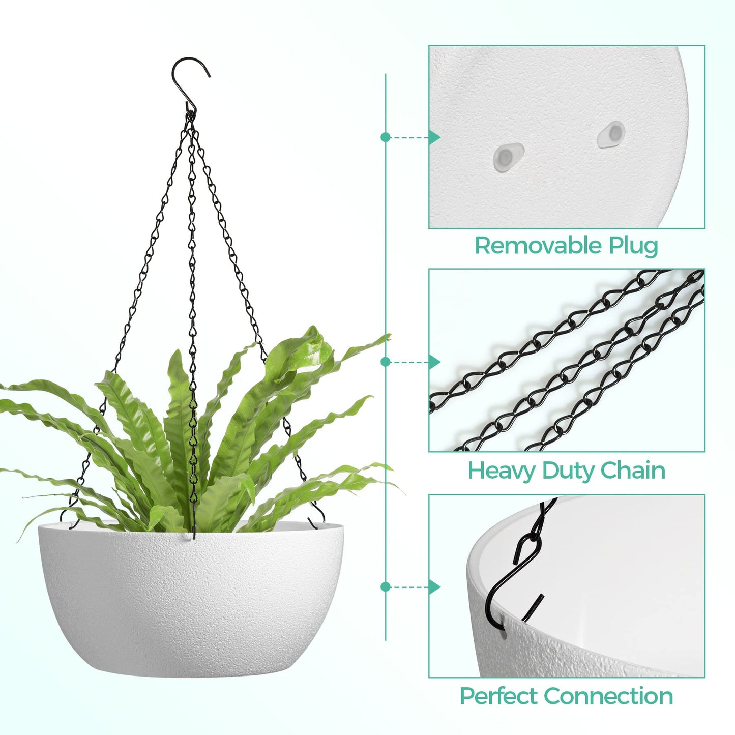 T4U Plastic Hanging Planters 2-Pack, 12 Inch Large Hanging Flower Plant Pots with Drainage Hole for Indoor Outdoor Plants, Round Hanging Basket for Home Garden Porch Balcony Patio Decor (White)