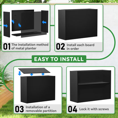 POOAMY Metal Planter, 36L x 12W x 26H, Heavy Duty Tall Planters for Outdoor Plants, Black Planters with Removable Insert Shelf, Large Planters with Drainage Holes for Porch, Patio and Yard, Black