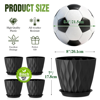 Areutxbis 8 Inch Wave Plant Pots with Drainage Holes & Saucers, 4 Pack Modern Textured Medium Planters for Indoor Outdoor Plants, Decorative Flower Pots Repotting Set for Flowers, Herbs (Black)