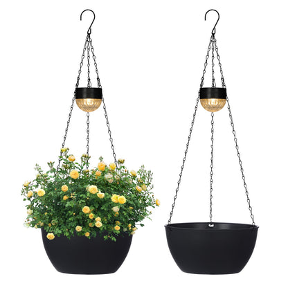 SUNNYPARK 2 Packs Hanging Planters Basket for Outdoor Plants, Solar Powered Self Watering Black Round Plastic Flower Pots with Drainer for Balcony Patio Garden Outdoor Decoration