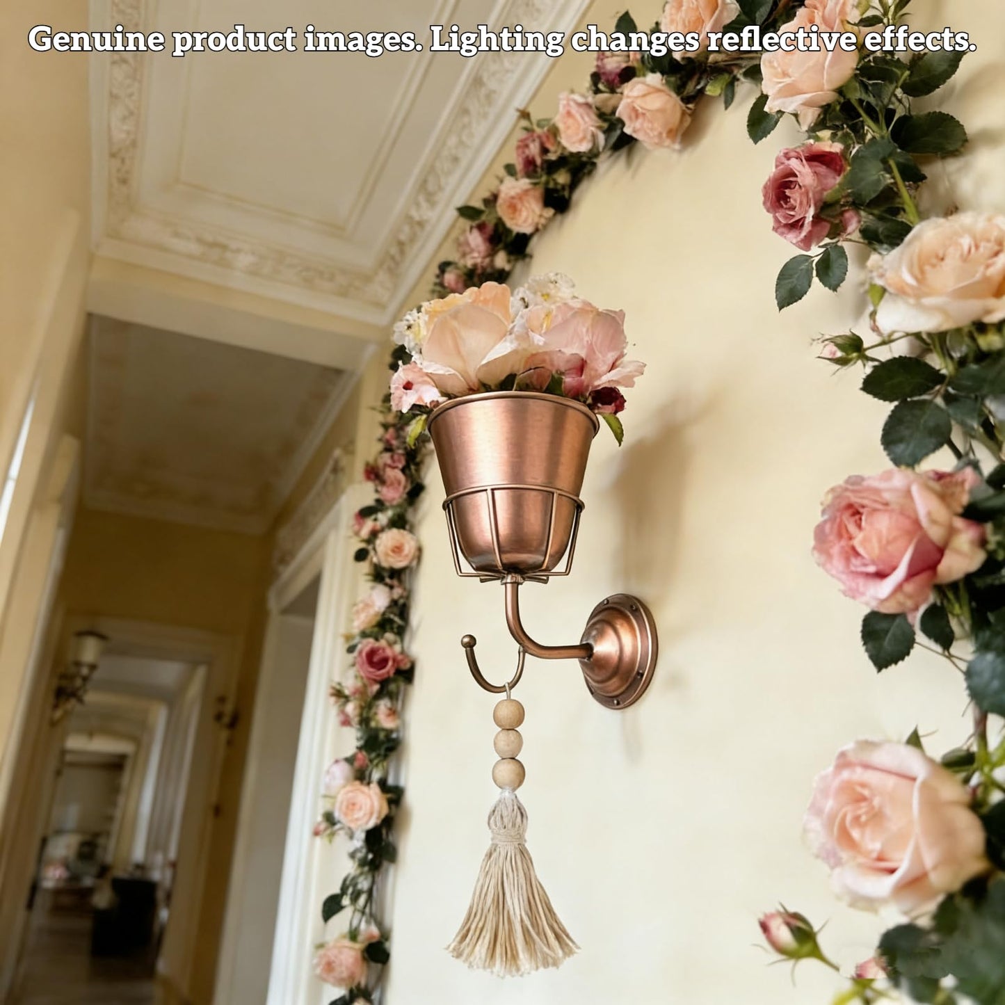 WRYLCYH Wall Vase Metal Wall Planter with Hook, Indoor Outdoor Wall Plant Holder for Live or Artificial Flowers, Space Saving Wall Decor with Flower Stem Holder and Tassel Charm