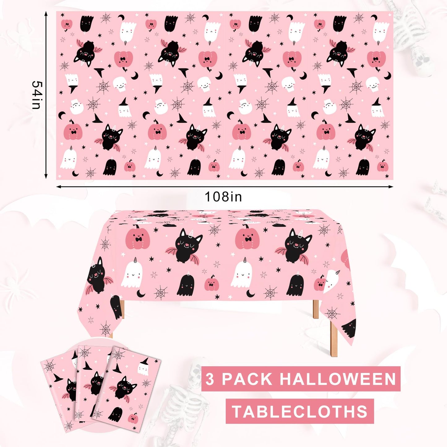 JarThenaAMCS 3Pcs Halloween Plastic Tablecloth Rectangle Pink Pumpkin Ghost Bat Table Cover Cute Disposable Table Cloth for Dinner Party Decor, 54 x 108 Inch