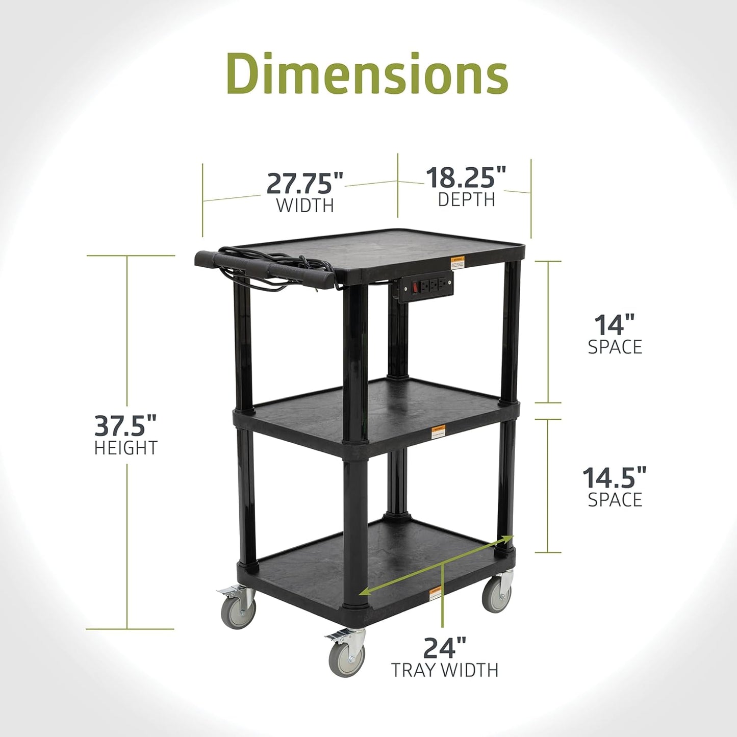 Pearington 3-Shelf Mobile Utility Cart with 3 Outlets and 8' Cord, Heavy-Duty Service Cart for Offices and Warehouses with 3 Shelves, Black, 2 Pack