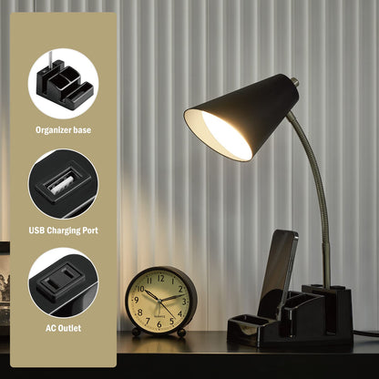LED Desk Lamp with 1 USB Charging Port and 1 AC Outlet, Organizer Base, Adjustable Neck, On/Off Switch, Modern Table Lamp for Reading, Working, Studying, Gentle Warm White Light, Eye Protect(Black)