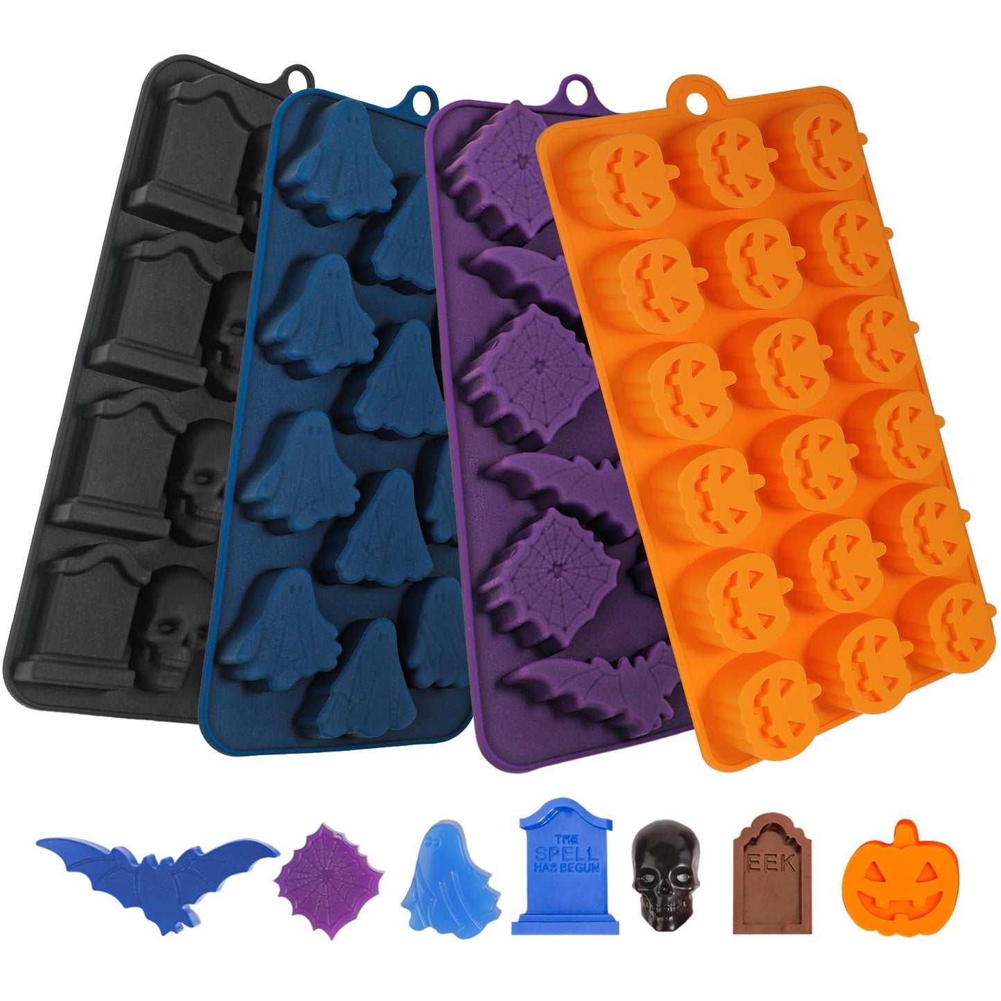 Webake Halloween Chocolate Mold Shaped with Pumpkin Jack-O-Lantern, Skull, Tombstone, Ghost, Bat and Spider, Halloween Silicone Molds for Chocolate, Candy, Ice Cube, Jello, Soap, Pack of 4