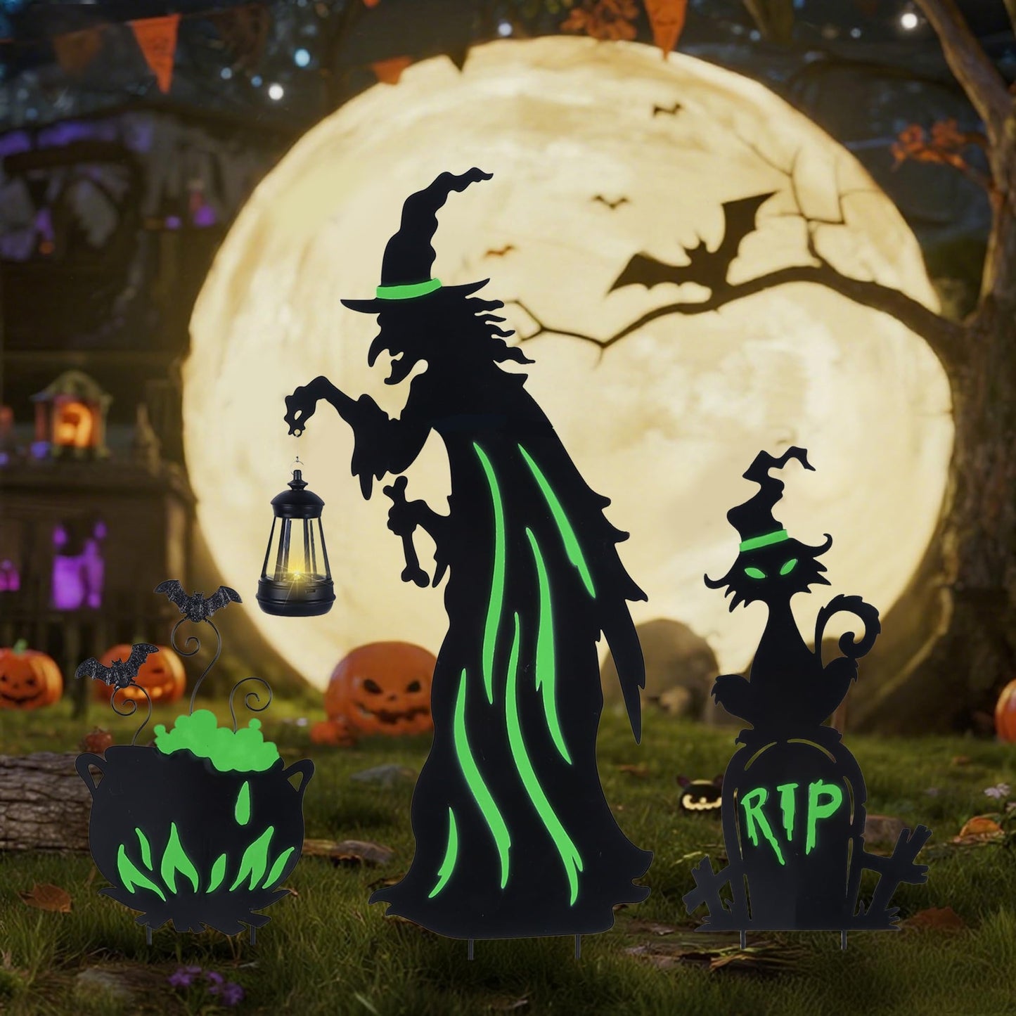 Prsildan Halloween Decorations Outdoor - 3 Pack Metal Witch Yard Stakes with Solar Lantern & Glow in The Dark Cauldron + Tombstone, Lighted Witches Silhouette Decor for Porch Garden Lawn Cemetery