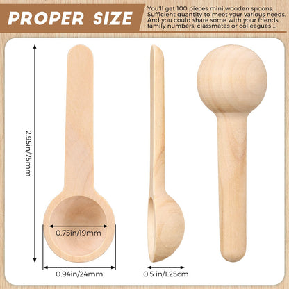 Patelai 100 Pieces Mini Wooden Spoons Bulk 3 Inch Small Condiments Tiny Jars Spoons for Coffee Condiment Honey Teas Sugar Kitchen Cooking Bath Salt (Cute Style)