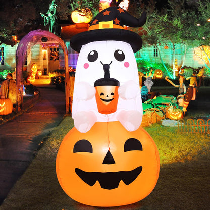 GOOSH 5 FT Halloween Inflatable Ghost Pumpkin Outdoor Decorations Blow Up Yard Ghost in Pumpkin with Built-in LEDs for Indoor Party Garden Lawn Decor