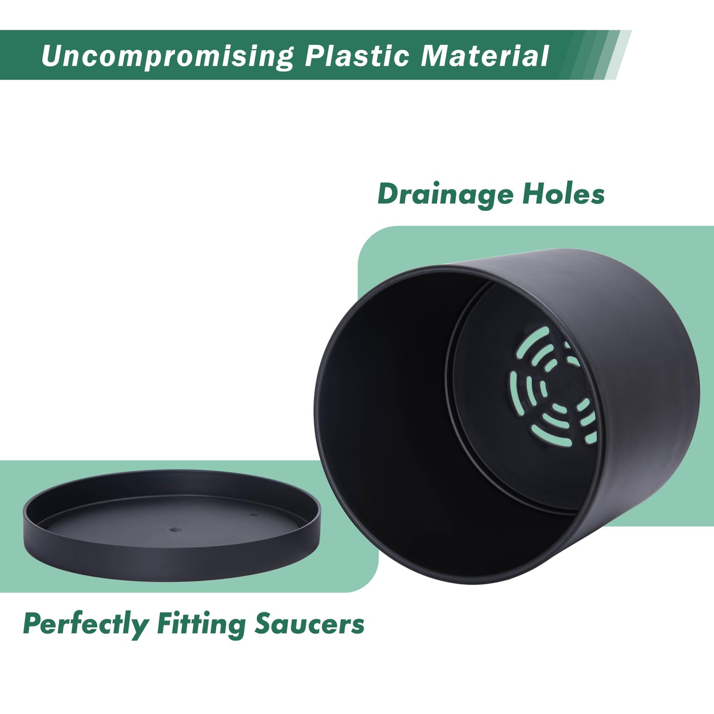 D'vine Dev 14 Inch Black Plastic Planter Pots for Plant Pot with Drainage Hole and Seamless Saucers, 74-X-B-4