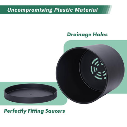 D'vine Dev 14 Inch Black Plastic Planter Pots for Plant Pot with Drainage Hole and Seamless Saucers, 74-X-B-4