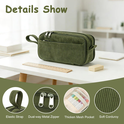 BuyCard Large Capacity Corduroy Pencil Case, Green Zipper Pouch, Aesthetic Pen Pouch, Supplies Organizer for Teen Girls Boys Women Men, Teacher Appreciation Gifts, Fathers Day Gift