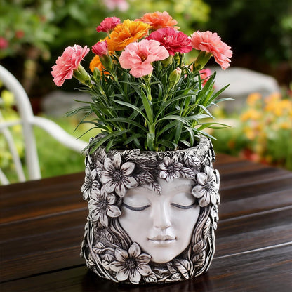 Bohemian Resin Face Planter Pot with Floral Design, Unique Human Head Succulent Pot with Drainage Hole, Weatherproof Lady Face Vase for Indoor Home, Outdoor Garden, Balcony & Desktop Greenery Decor