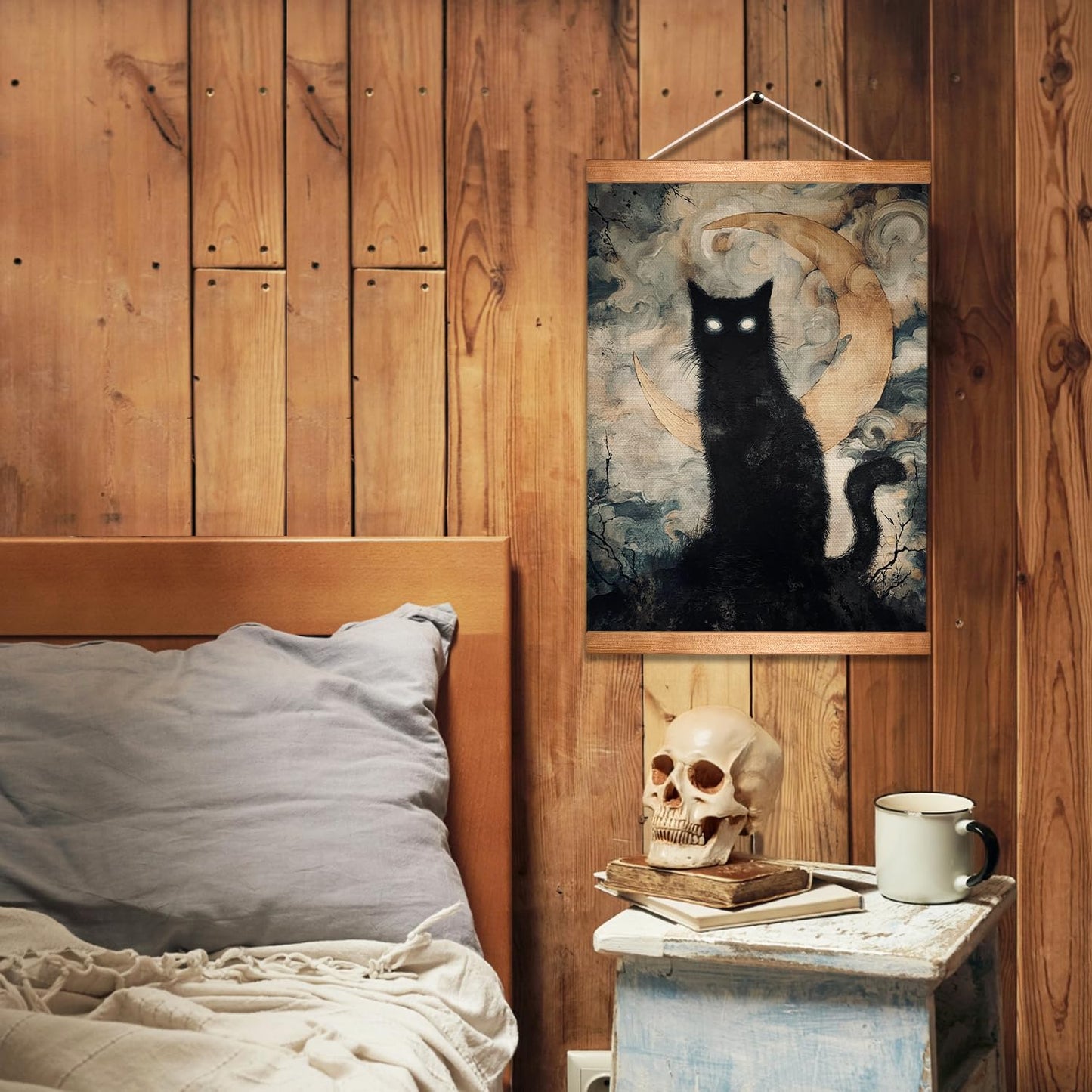 HEYJEEPER Halloween Black Cat Wall Art Hanging Poster 14x18In, Gothic Cat with Glowing Eyes and Crescent Moon Canvas Print, Spooky Witchy Wall Décor, Dark Academia Gothic Artwork for Haunted House Bedroom
