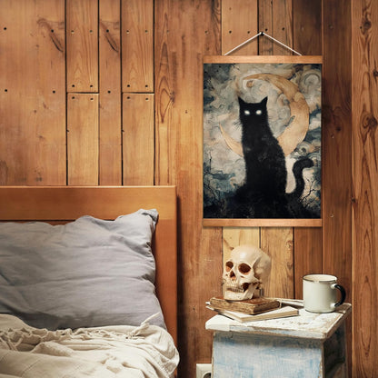 HEYJEEPER Halloween Black Cat Wall Art Hanging Poster 14x18In, Gothic Cat with Glowing Eyes and Crescent Moon Canvas Print, Spooky Witchy Wall Décor, Dark Academia Gothic Artwork for Haunted House Bedroom