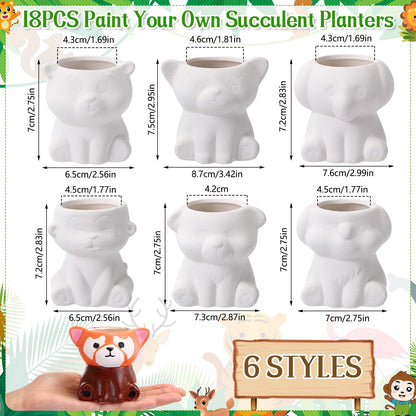 Leitee 18 Pcs Paint Your Own Ceramic Pot Bulk 2.95 in Spring Succulent Pots Ready to Paint Small Pot Mini Succulent Planters Pottery Painting for Spring Easter Mother's Day Craft(Cute Animals)