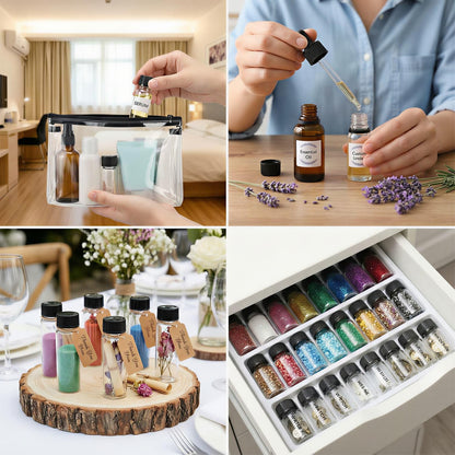 100Pcs 5ml 1Dram Glass Bottles with Black Caps - 1/6 oz Small Travel Vials for Essential Oil Blends, Serums & Cosmetic Samples - Refillable Clear Empty Jars for Wedding Favors, Potions, and Art Crafts