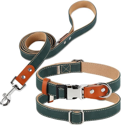 Dog Collar and Leash Set, PU Leather Dog Collar – Adjustable Eco-Friendly with Genuine Leather & Hemp, Soft Breathable Dog Collar Set for Small to Large Dogs(Green, S（10“-16”）)
