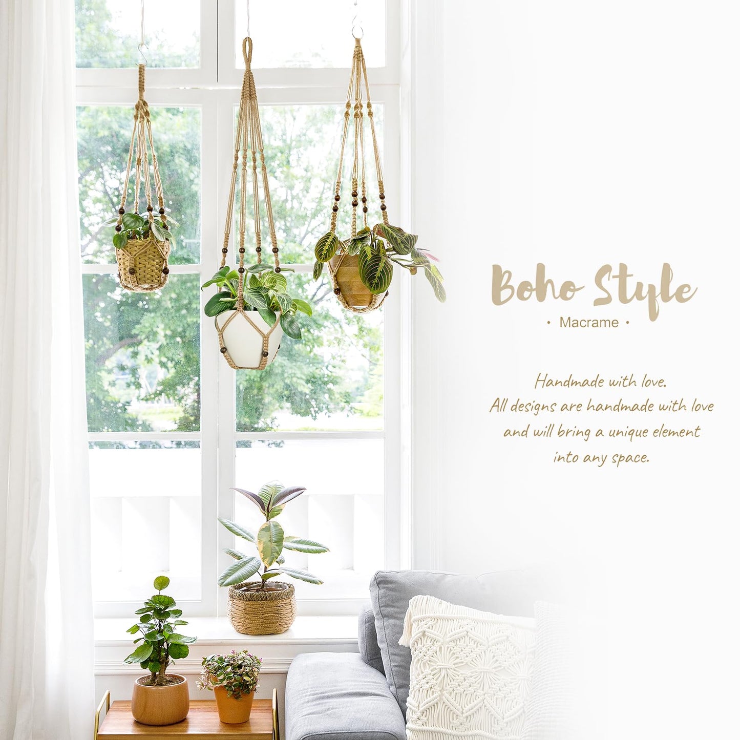 Mkono 3 Pack Macrame Plant Hangers Indoor Different Size Hanging Planter Basket Flower Pot Holder with Beads No Tasselss 43"/35"/29", Large, Brown