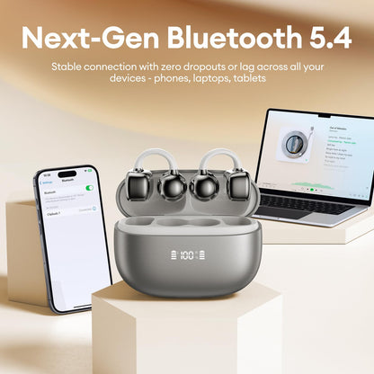 PAXA Clip On Earbuds, Clipbuds7 Open Ear Earbuds Wireless Bluetooth 5.4 with LED Display, Auto L-R Ear Recognition and Touch Control, Ultra-Light 4.5g Fit Comfort for Sports Fitness Daily Use, Silver