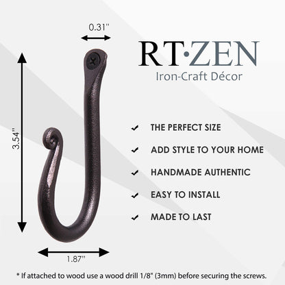 RTZEN Wall Mount Hook Set - Wrought Iron Decorative Rustic Metal Coat Hooks for Hanging - Handcrafted Classic Farmhouse Wall Mounted Black Hooks for Towel Robe or Hat Hanging - 3 Pack