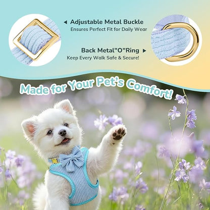 Small Dog Collar Harness and Leash Set, Dog Harness no Pull with Bowtie, Breathable Cotton Adjustable Pet Puppy Harness, Easy Walk Dog Harness, M(16-21")