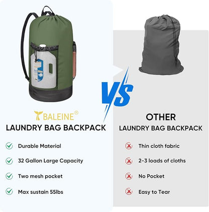 BALEINE 2PK 120L Laundry Bag Backpack, 900D Oxford Fabric Large Travel Laundry Bags with Shoulder Straps and 2 Mesh Pockets for College Dorm, Apartment, Laundromat (Green, 120L)