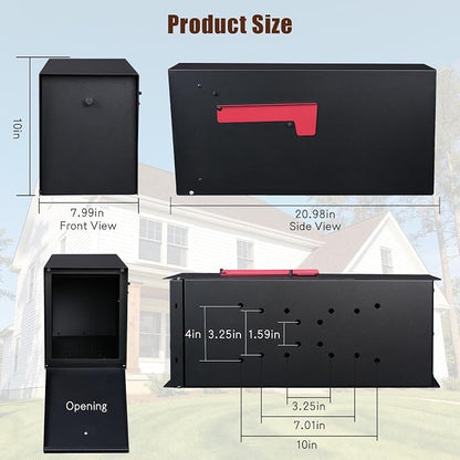 Large Mailboxes for Outside Post Mount Mailbox, Metal Mail Box with Magnetic Latch, Galvanized Steel Modern Mailbox for House Outside, 20.9 x 7.9 x 10 Inches, Black