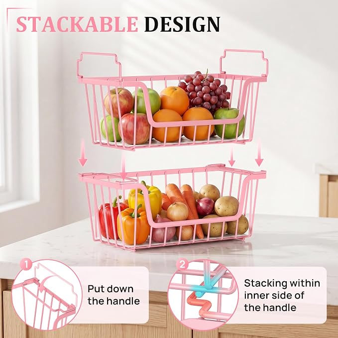 SUNALLY Stackable Storage Bins 4 Pcs Wire Baskets for Pantry Organizers and Storage, Vegetable Fruit Storage Basket for Countertop Organizer,Kitchen Baskets for Onion Potato Snack Cans Storage,Pink