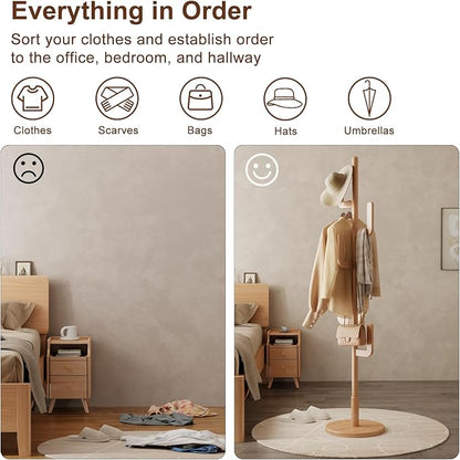 Muwuele Solid Wood Cactus Coat Rack, Freestanding Coat Rack With 6 L-Shaped Hooks and 3 Adjustable Sizes, Coat Tree for Bedroom, Entryway, Livingroom, Coat Hanger Stand for Coats, Handbags (Natural)