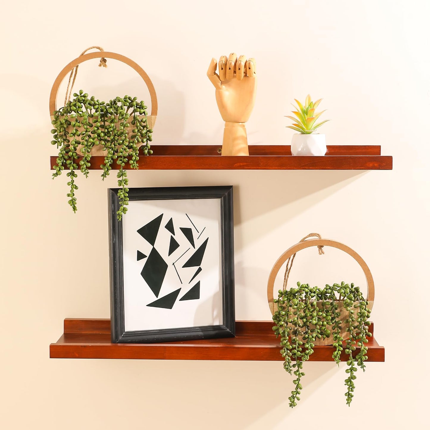 JUSTOYOU 2pcs Fake Hanging Plants Artificial Succulents Wooden Hanging Planter Artificial String of Pearls with Pot and Lanyard for Living Room Bathroom Indoor Outdoor Boho Wall Decor